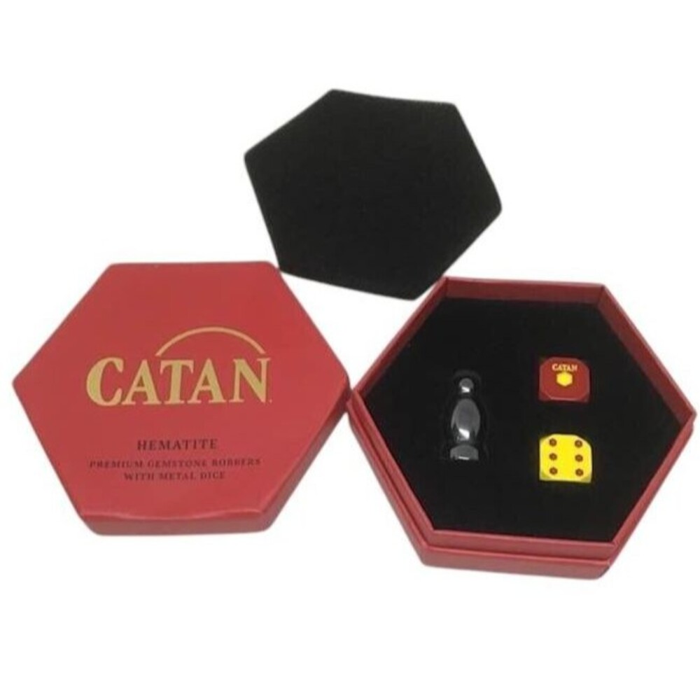 Catan Black Hematite Metal Dice Red Yellow Premium Gemstone Robbers Case NEW
